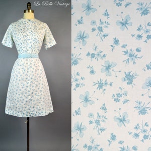 Butterfly Print Dress M L Vintage 1960s Peter Pan Collar Blue Floral Novelty Shirtdress