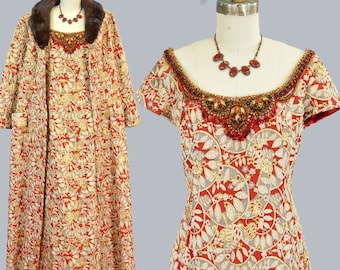 Exquisite 1960s Couture Brocade Gown & Opera Coat Set ~ Vintage Beaded Evening Dress with Fur Trim Red and Gold S M