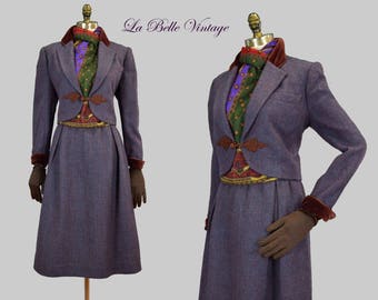 Oscar De La Renta Purple Tweed Suit Vintage 70s Jacket Skirt Scarf Set ~ Ornamental Braid ~ Velvet Collar Cuffs