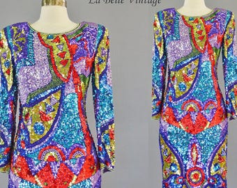 Vestido de cóctel vintage de lentejuelas de los años 80, talla S-M ~ Vestido de fiesta de seda colorido con cuentas, una prenda que es una declaración de estilo.