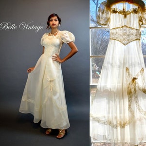 The War Bride ~ Vintage 1940s Wedding Dress & Slip S XS ~ Sheer Ivory Chiffon ~ New York Dress Institute