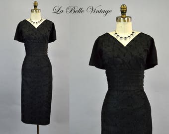 50s Embroidered Dress M L Vintage Black Wiggle Pinup Dress