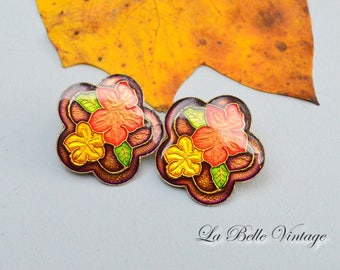 Cloisonné Earrings Guilloche Flowers Vintage Colorful Enamel Clip ons