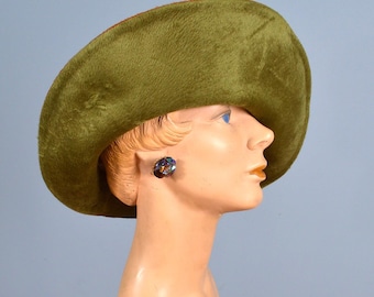 1950s Green Velvet Profile Hat ~ Vintage Mr M Originals Felt Cocktail Hat ~ Mid Century Church Hat