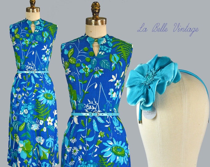 Featured listing image: Lampl Linen Dress S Vintage 1950s Blue Floral Sundress Keyhole Neckline ~ Matching Fascinator Hat