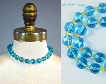 1930s Disco Ball Aqua Glass Necklace ~ Vintage Blue Faceted Beaded Choker