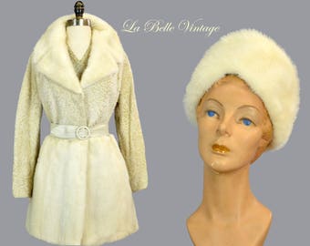 White Mink Fur Belted Coat Hat Vintage 70s Ivory Persian Lamb Jacket ~ Deadstock Original Tags
