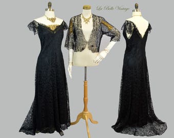 1930s Henri Bendel Lace Evening Gown Bolero L Vintage Black & Gold Alencon Lace Art Deco Dress Set