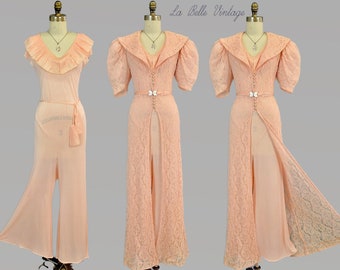 1930s Ruffled Jumpsuit Set S Vintage Art Deco Lace Over Dress & Lounge Pajamas