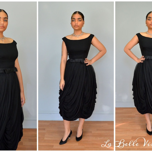 Ruched 1950s Silk Chiffon Party Dress XS S ~ Amazing Draped Full Skirt ~ Elegant LBD