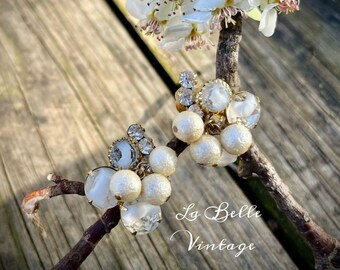 D&E White Givre Earrings ~ Vintage Juliana Metalized Beads and Glass Rhinestones ~ Delizza and Elster Verified