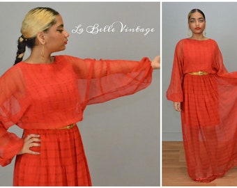 Victor Costa Vintage Red Sheer Maxi Party Dress S ~ Batwing Dolman Sleeves ~ Gold Mesh Belt