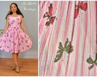 Novelty Butterfly Print 1950s Pink Pinup Dress XS S ~ Vintage Murray Millman Sundress Full Skirt