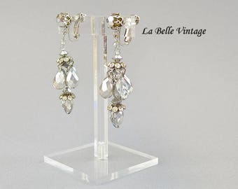 Vendome Chandelier Earrings Vintage 50s Crystal & Rhinestone 2.5" Long Clip ons