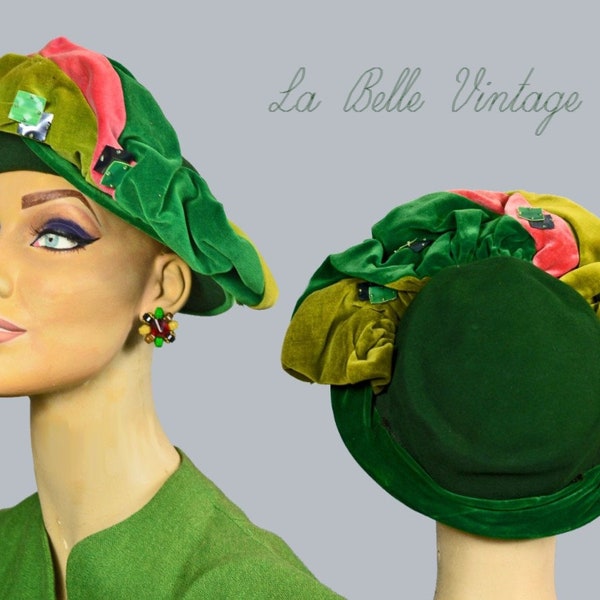 Frances & Walter Nelkin 1940’s Profile Hat ~ Vintage Jewel Tone Colorful Velvet
