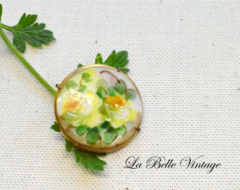 Victorian Antique Brooch Hand Painted Porcelain Round Flower Pin