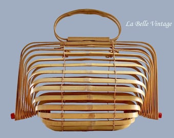 Vintage 40s Bamboo Accordion Purse 1940s Fish Basket Folding Bag ~ Occupied Japan Slat Handbag