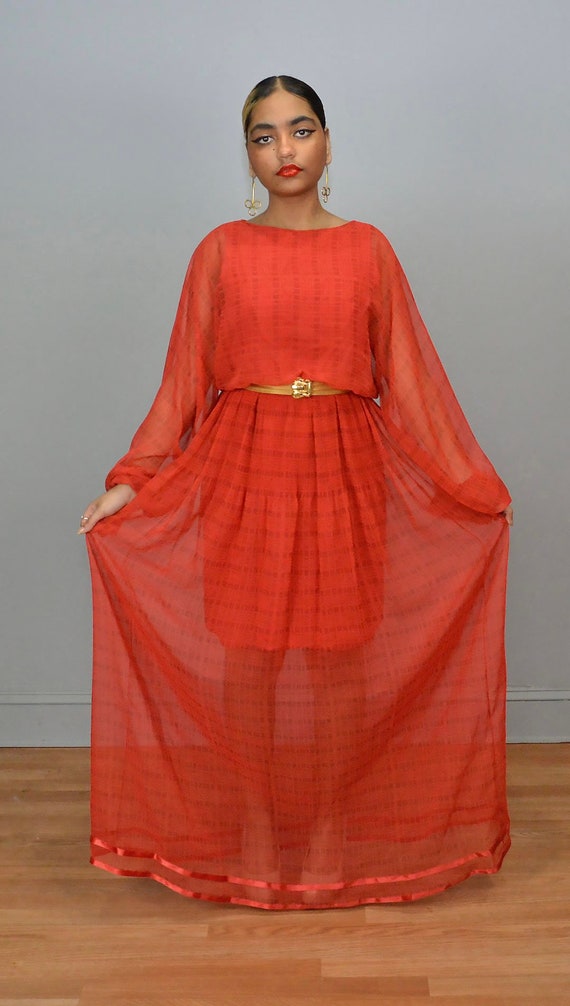 Victor Costa Vintage Red Sheer Maxi Party Dress S… - image 7