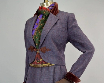 Oscar de la Renta 1970s Purple Tweed Suit Set S M ~ Vintage Designer Skirt Suit Jacket & Scarf ~ Velvet Trim Statement