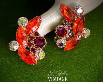 Brilliant Orange Rhinestone Earrings ~ Vintage Colorful AB Glass Climbers ~ Patent Pending Clip On