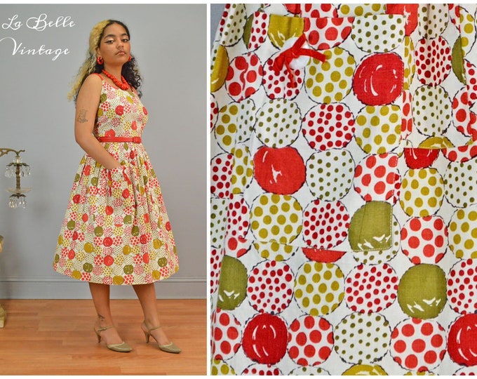 Featured listing image: Pom Poms Novelty Print Sundress M Vintage 1950s Spaghetti Strap Full Skirt Double Pockets Dress ~ Lee Wentley ~ Deadstock