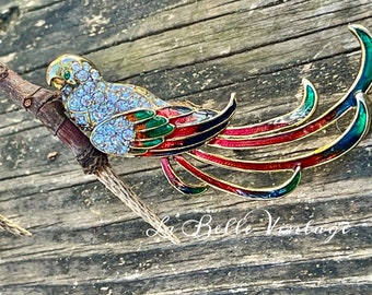 The Bird Of Paradise ~ Huge Vintage Enamel & Pave’ Rhinestone Parrot Brooch