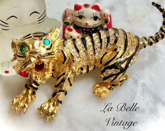 Pauline Rader Tiger Pin ~ Huge Vintage 1970’s Brooch ~ Zodiac Gold Tiger Energy