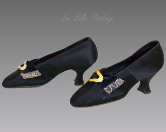 Antique Black Silk Shoes US 5  UK 3 John Wanamaker Louis Heels Velvet Ribbons Gold Buckles & Embroidery