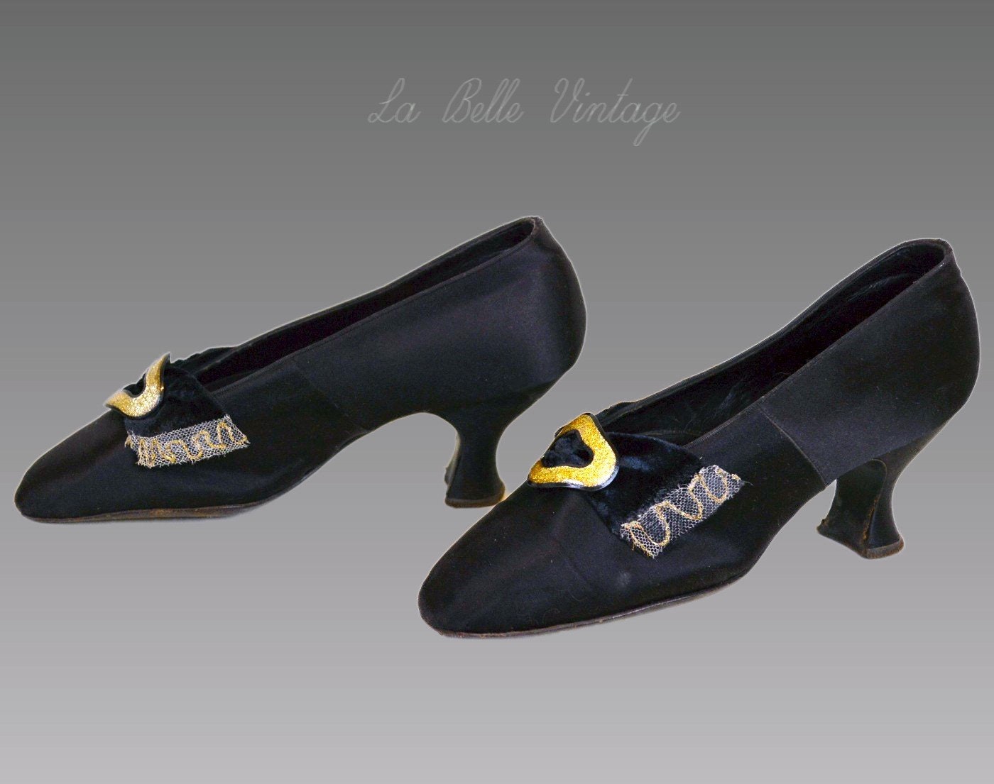 Antique Black Silk Shoes US 5 UK 3 John Wanamaker Louis Heels 