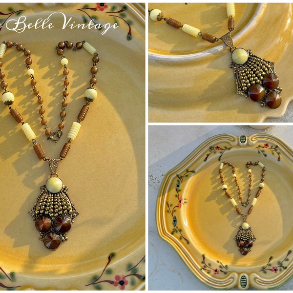 Neiger Brothers Galalith Necklace ~ Vintage 1930’s Czech Brass Choker ~ Large Art Deco Pendant Rivoli Bicone Detail