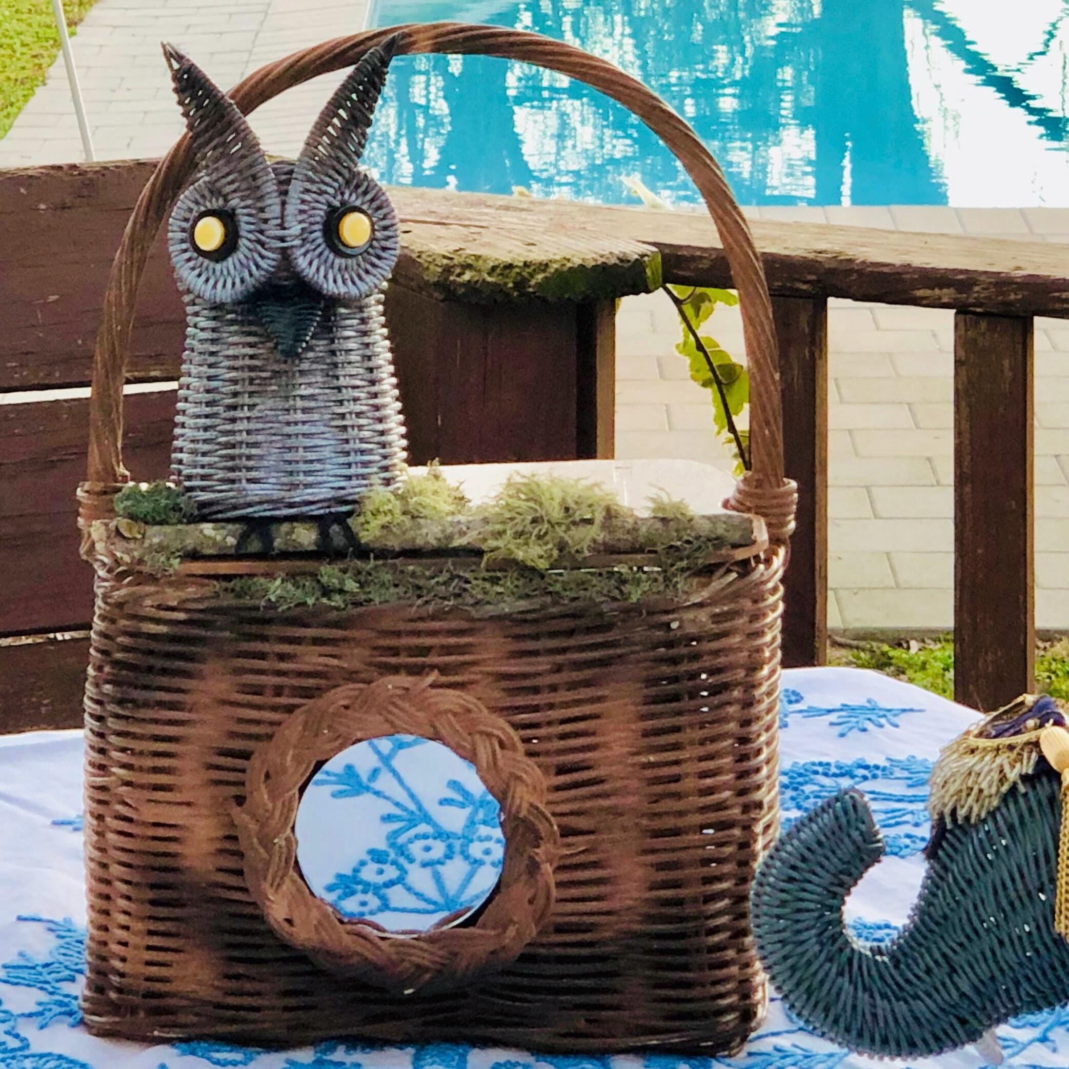Vintage Owl Wicker Purse ~ Woodland Fairytale Novelty Handbag ~ Large Cottagecore Statement Bag