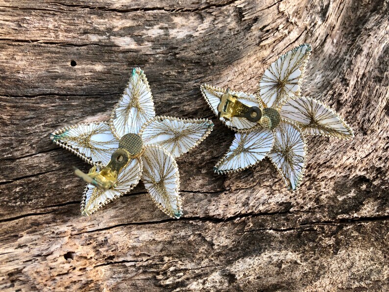 Novelty Starfish Earrings Wrapped Gold Tinsel Vintage 1940s Large Ivory Earrings image 3