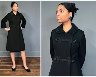 Originala 1960s Designer Mini Wool Coat S ~ Vintage Black Double Breast Peacoat ~ Exquisite Jeweled Buttons & Soutache Braid Design