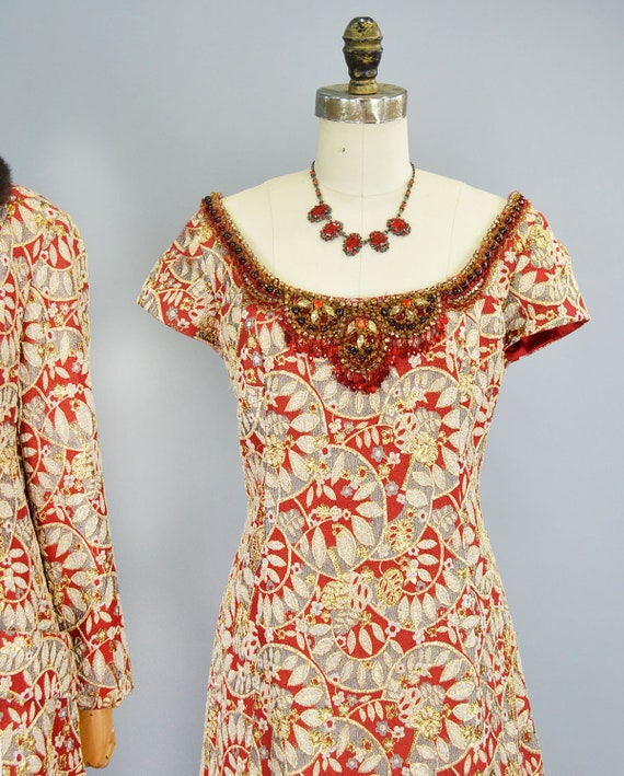 Vintage Red Gold Beaded Brocade Gown Opera Coat S… - image 4