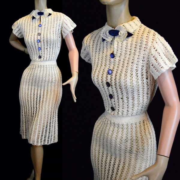 Vintage 1930s Dress S - Ivory Crochet Knit Sweater Dress - Keyhole Neckline