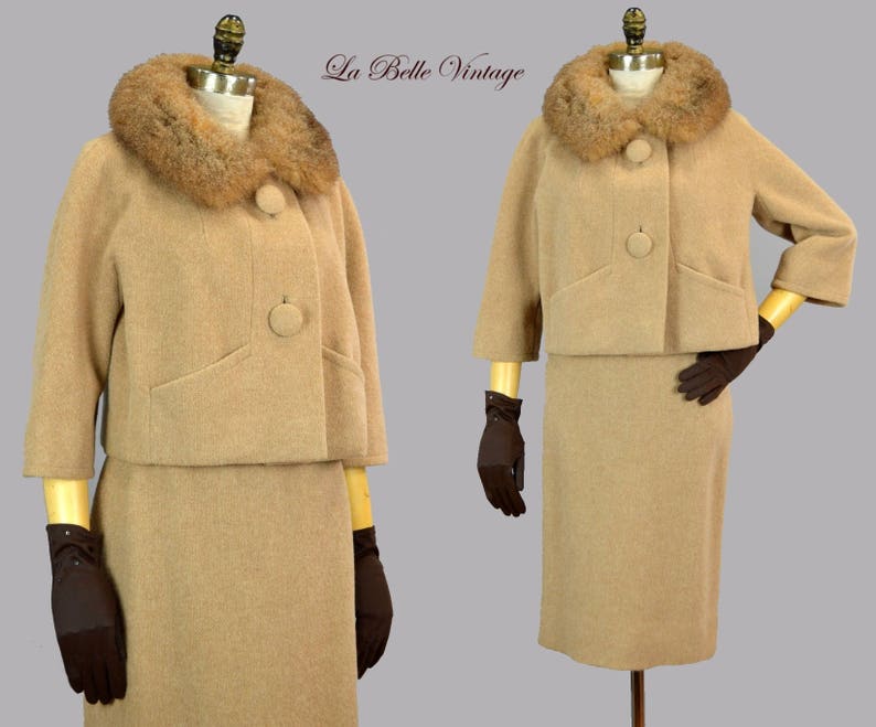 25/% SALE Robert Knox Tan Wool Suit S M Vintage 60s Jacket Pencil Skirt Set ~ Fur Collar