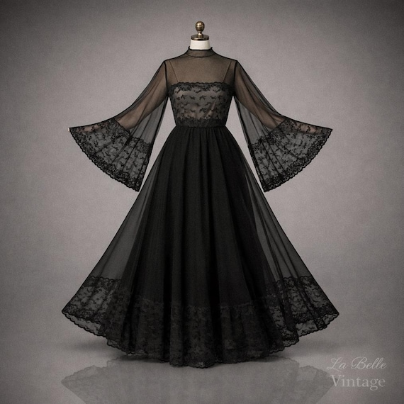 Flare Sleeve Sheer Black Gown S ~ Vintage Illusion Lace Maxi Dress