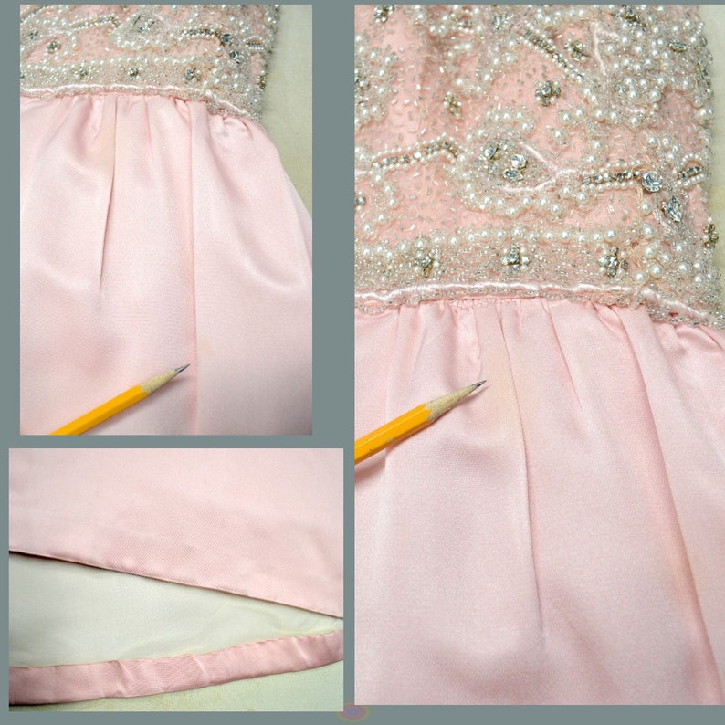 Extravagant Beaded Silk Bustle Gown XS S Vintage 1960s Pink Bejeweled Dress Rhinestone Pearls Makoff image 9