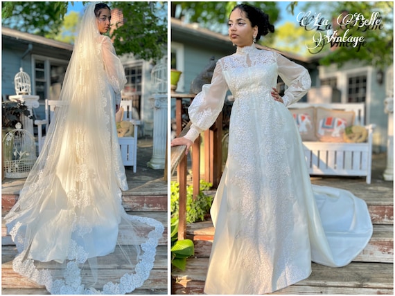 1970s Prairie Silk Organza Wedding Dress & Veil 36B 28W ~ Vintage