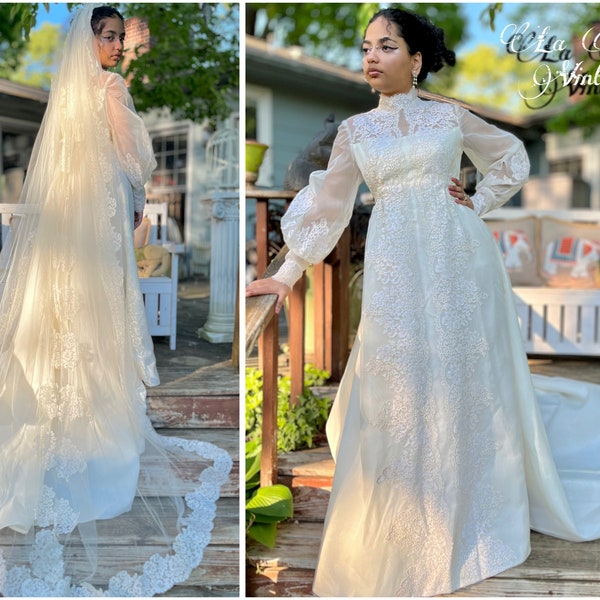 1970s Prairie Silk Organza Wedding Dress & Veil 36B 28W ~ Vintage 1970s Alencon Lace High Neckline Bishop Sleeves ~ Montaldos Original Box