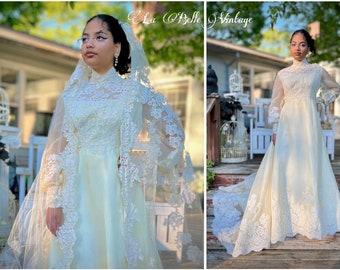 Ivory Silk Organza Wedding Dress & Crown Veil 38B 30W ~ Vintage 1970s Priscilla Of Boston Floral Lace Gown ~ High Neckline Bishop Sleeves