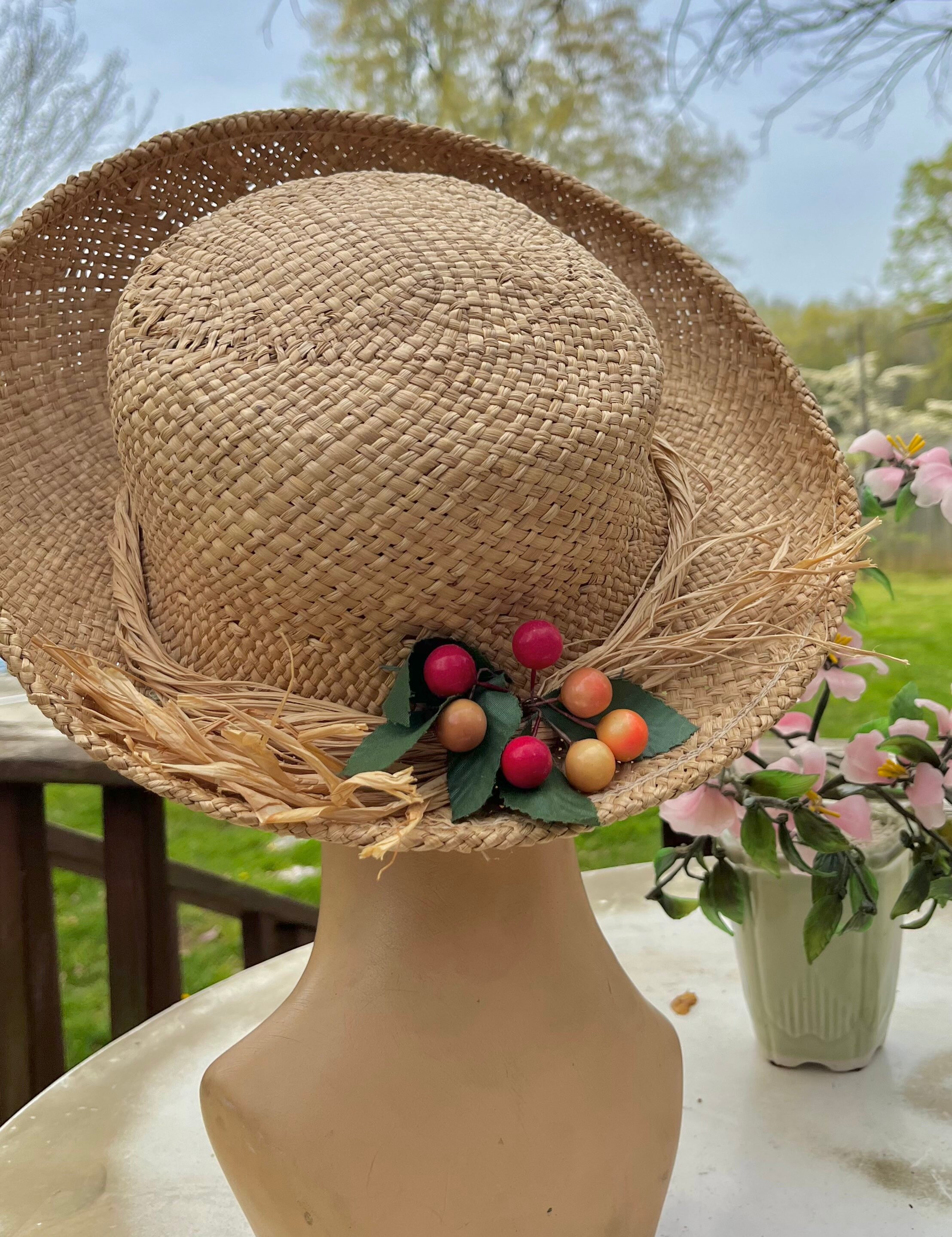 Vintage HARPER BROTHERS Tan Natural Woven Straw Sun Hat Cream Band Cherry Accent Vintage Floral Wheat Straw Hat: Retro Summer Garden Party  main image 4