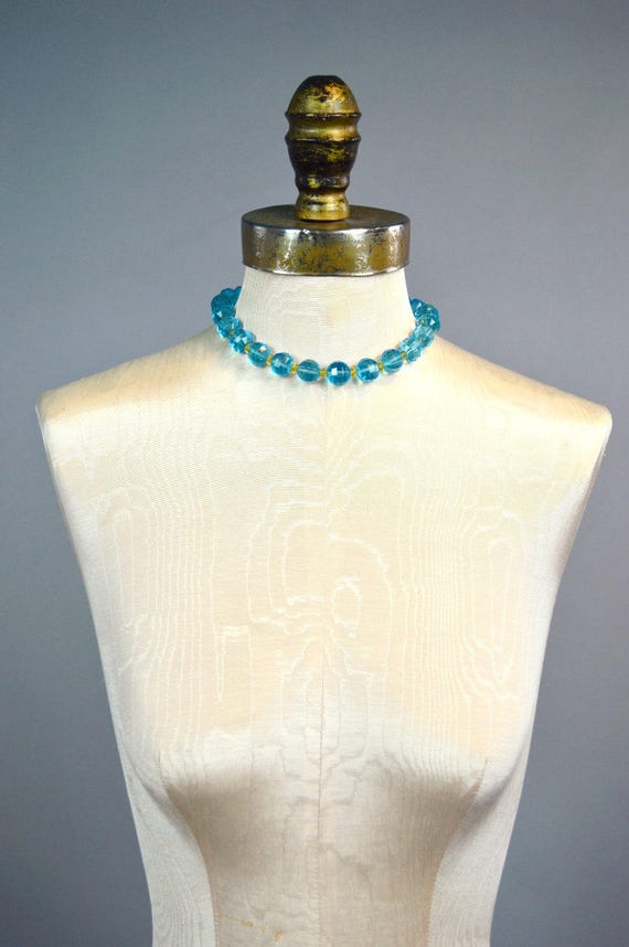 1930s Disco Ball Aqua Glass Necklace ~ Vintage Bl… - image 3