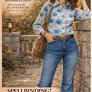 Enchanting Witch Magic Print Shirt S M ~ Vintage 1970s Ballgown Divas Frolicking & Casting Moon Spells ~ Deadstock Unworn