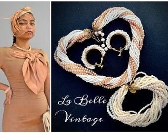 Miriam Haskell Torsade Parure ~ Vintage Champagne & Cream Wrapped Beads Multi-strand Necklace Bracelet Earrings Set ~ Book Pieces