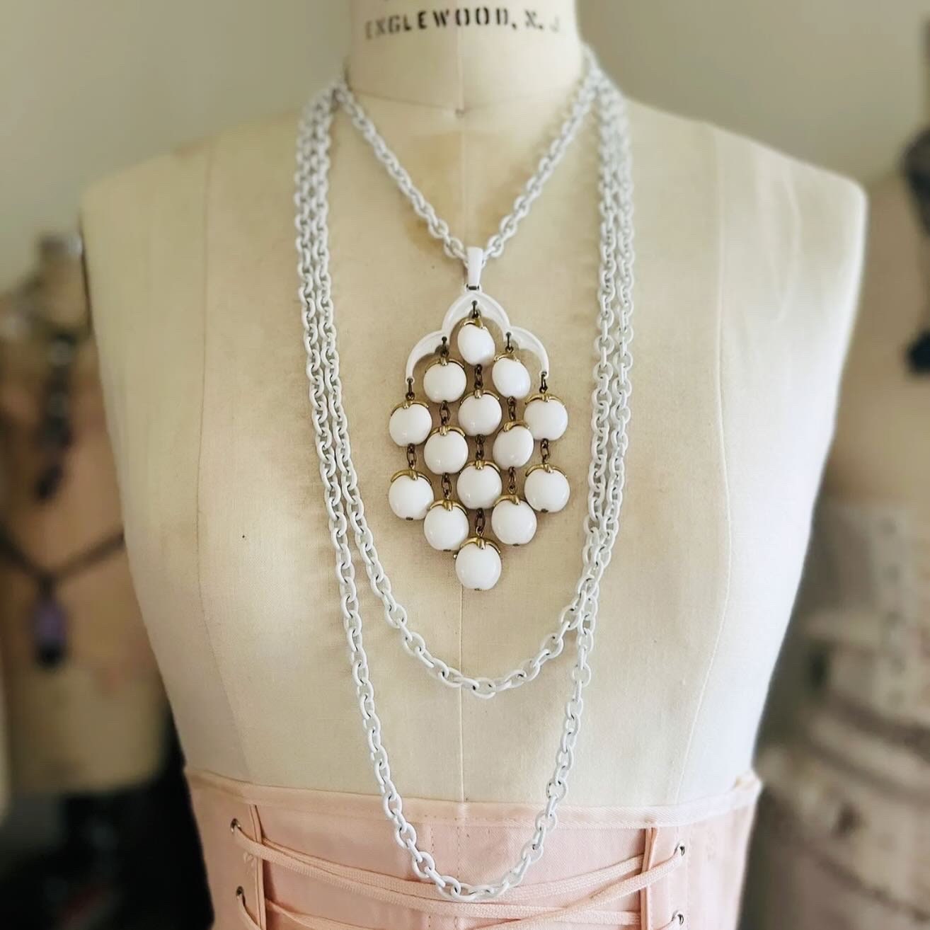 Trifari Waterfall Necklace Earrings Set ~ Vintage White Apples Tiered Bib Necklace