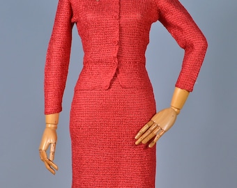 1950s Handwoven Silk Ribbon Suit XS ~ Sienna Red Jacket Pencil Skirt ~ Vintage Hourglass Set