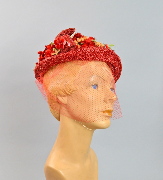 Red Velvet Berries Hat ~ Vintage 50s Plaited Straw Floral Chapeau ~ Birdcage Veil ~ Ethel Frank of NY View 5