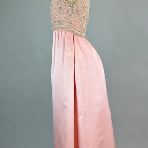 Extravagant Beaded Silk Bustle Gown XS S Vintage 1960s Pink Bejeweled Dress Rhinestone Pearls Makoff image 4