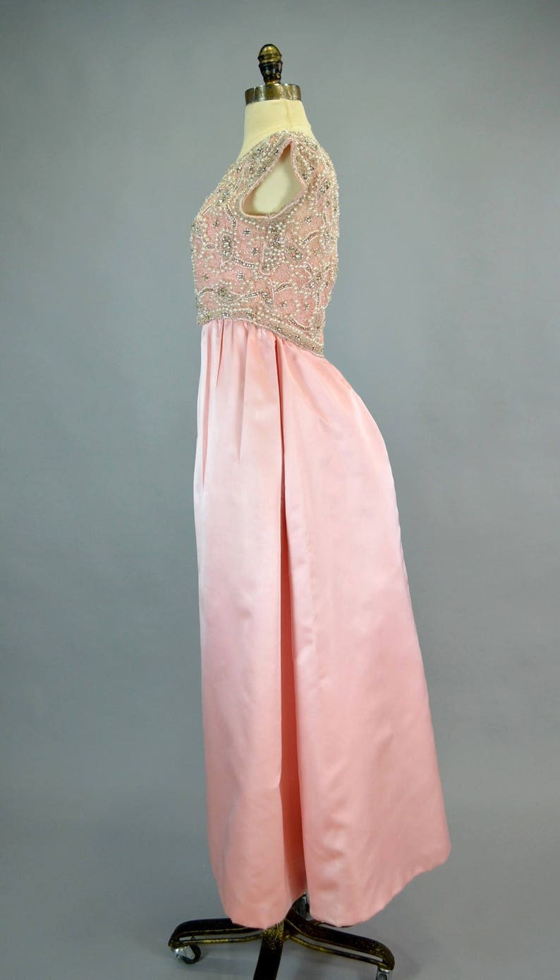 Extravagant Beaded Silk Bustle Gown XS S Vintage 1960s Pink Bejeweled Dress Rhinestone Pearls Makoff image 4